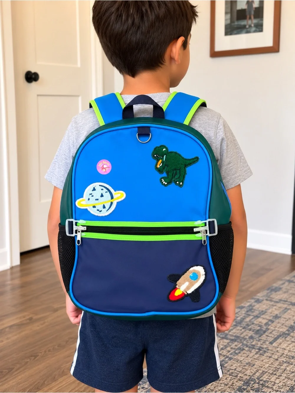 School Yard Vibes Kids Dinosaur Space Rocket Backpack Blue Green